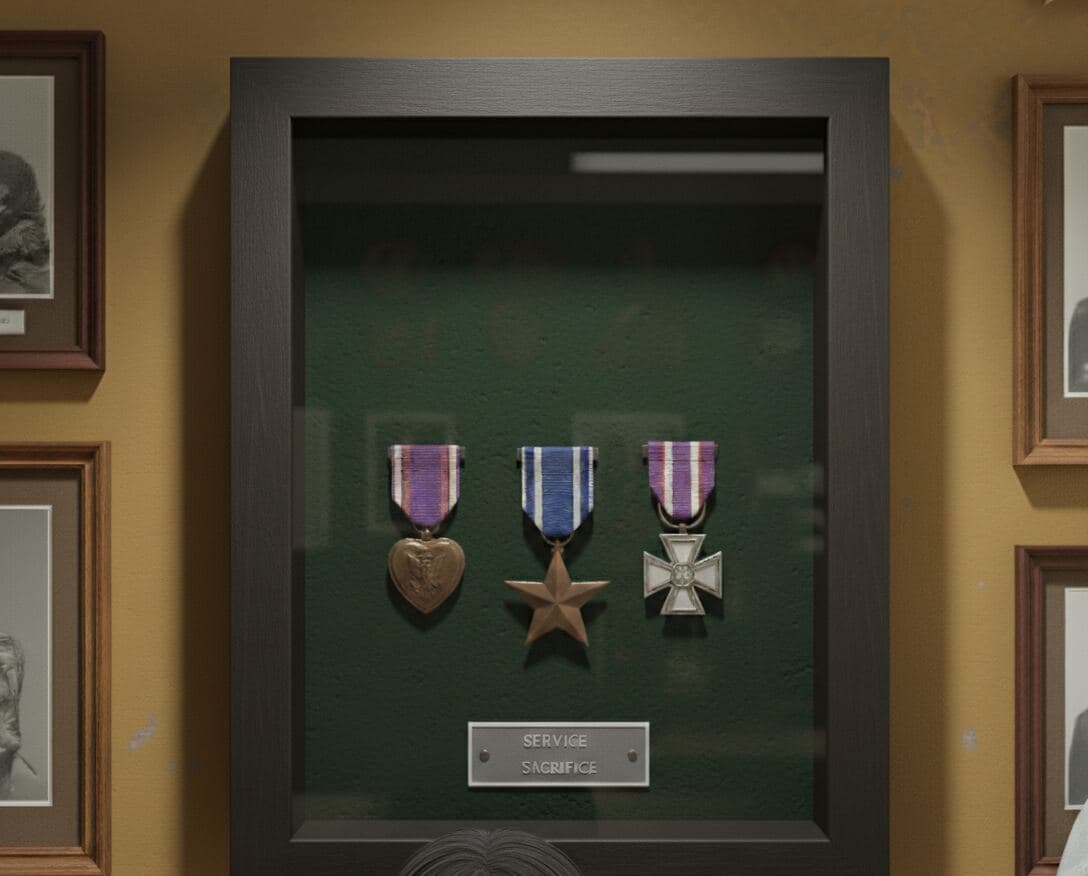 Military valor medals including Purple Heart Silver Star and Navy Cross in walnut shadowbox frame wall display