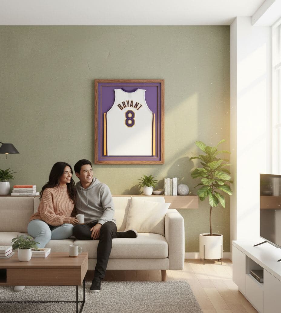 Lakers #8 BRYANT jersey in walnut shadowbox frame on living room wall with couple relaxing on couch