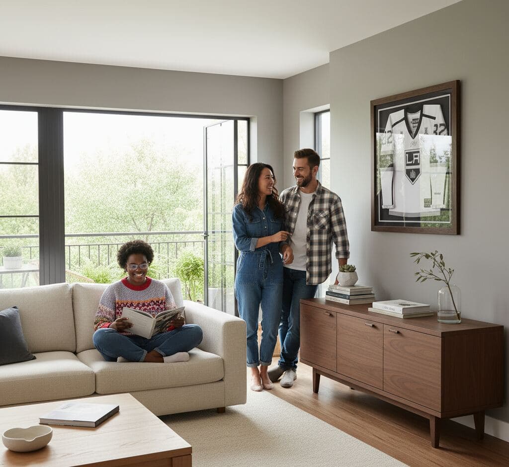 LA Kings hockey jersey in walnut shadowbox frame on contemporary living room wall with family gathering