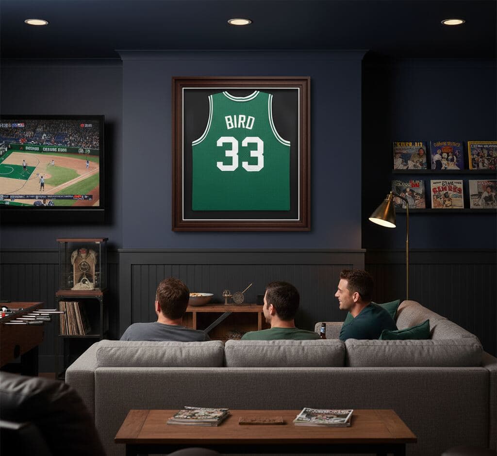 Celtics #33 BIRD jersey in walnut shadowbox frame in man cave with men watching basketball game