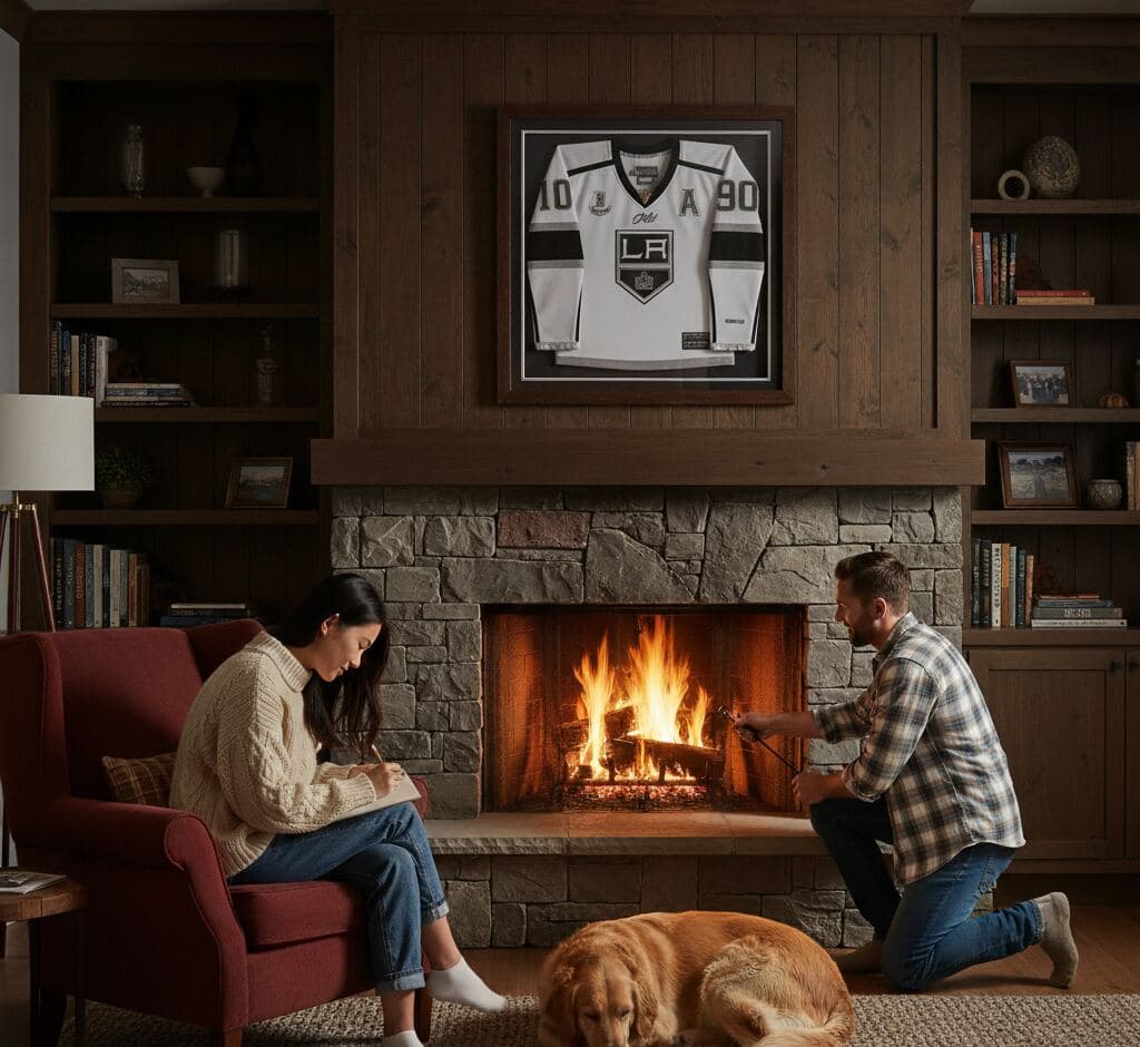 LA Kings #32 hockey jersey in walnut shadowbox frame above fireplace with couple relaxing by fire