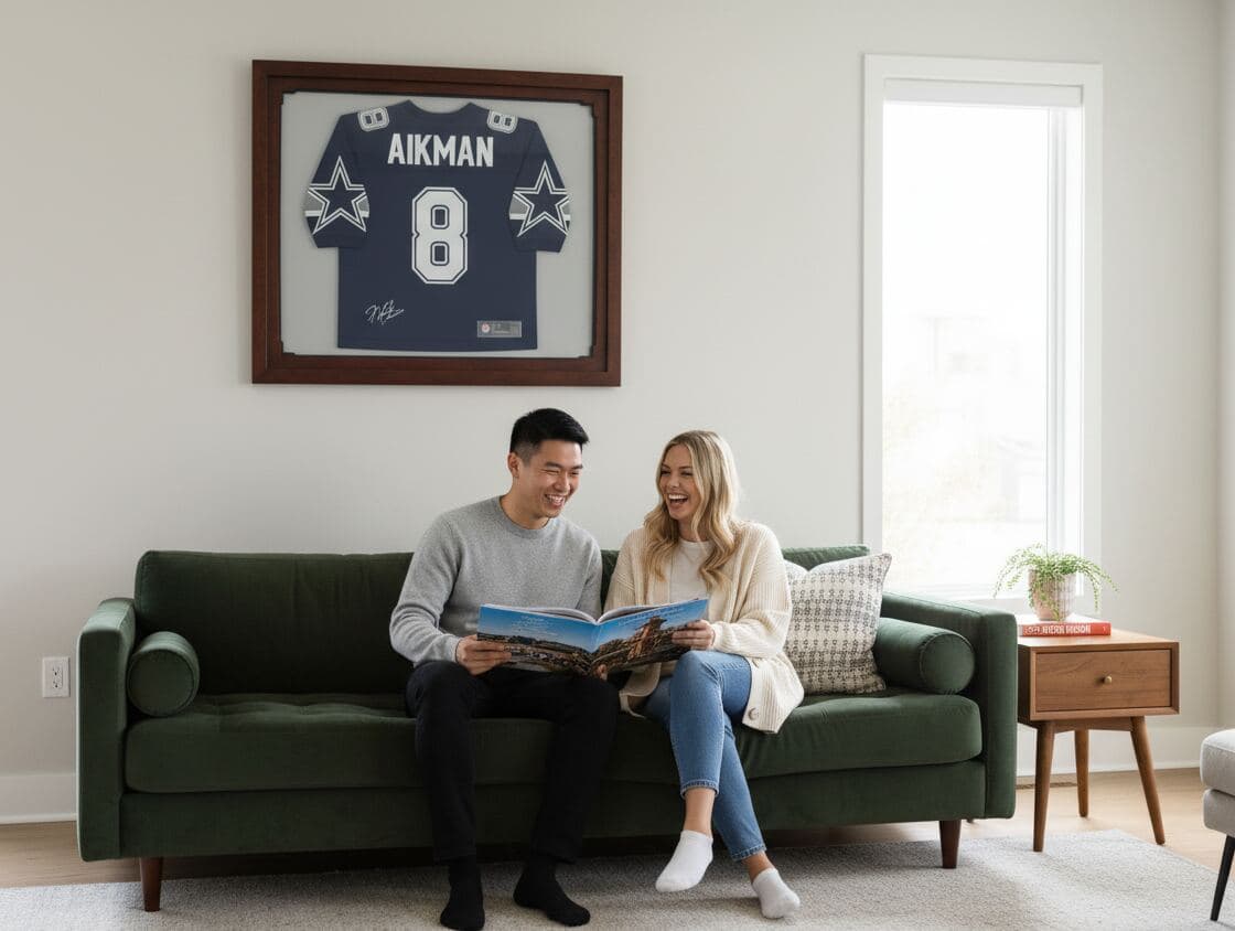 Cowboys #8 AIKMAN autographed jersey in walnut shadowbox frame on wall with couple reading on couch