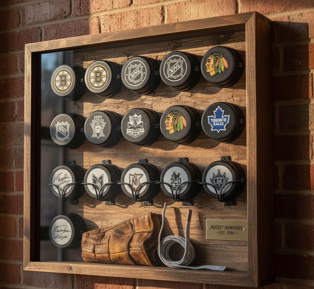 NHL hockey puck collection with vintage gloves in walnut shadowbox frame on brick wall display