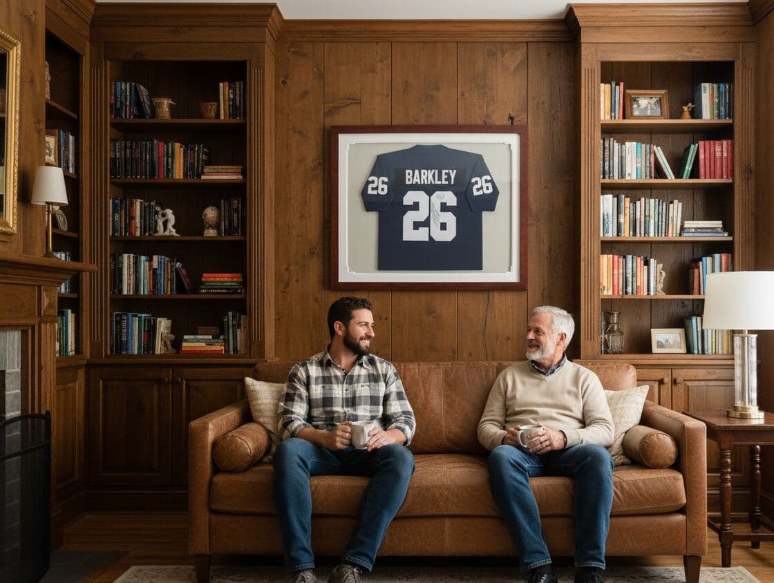 NFL #26 BARKLEY jersey in walnut shadowbox frame in wood library with father and son conversation
