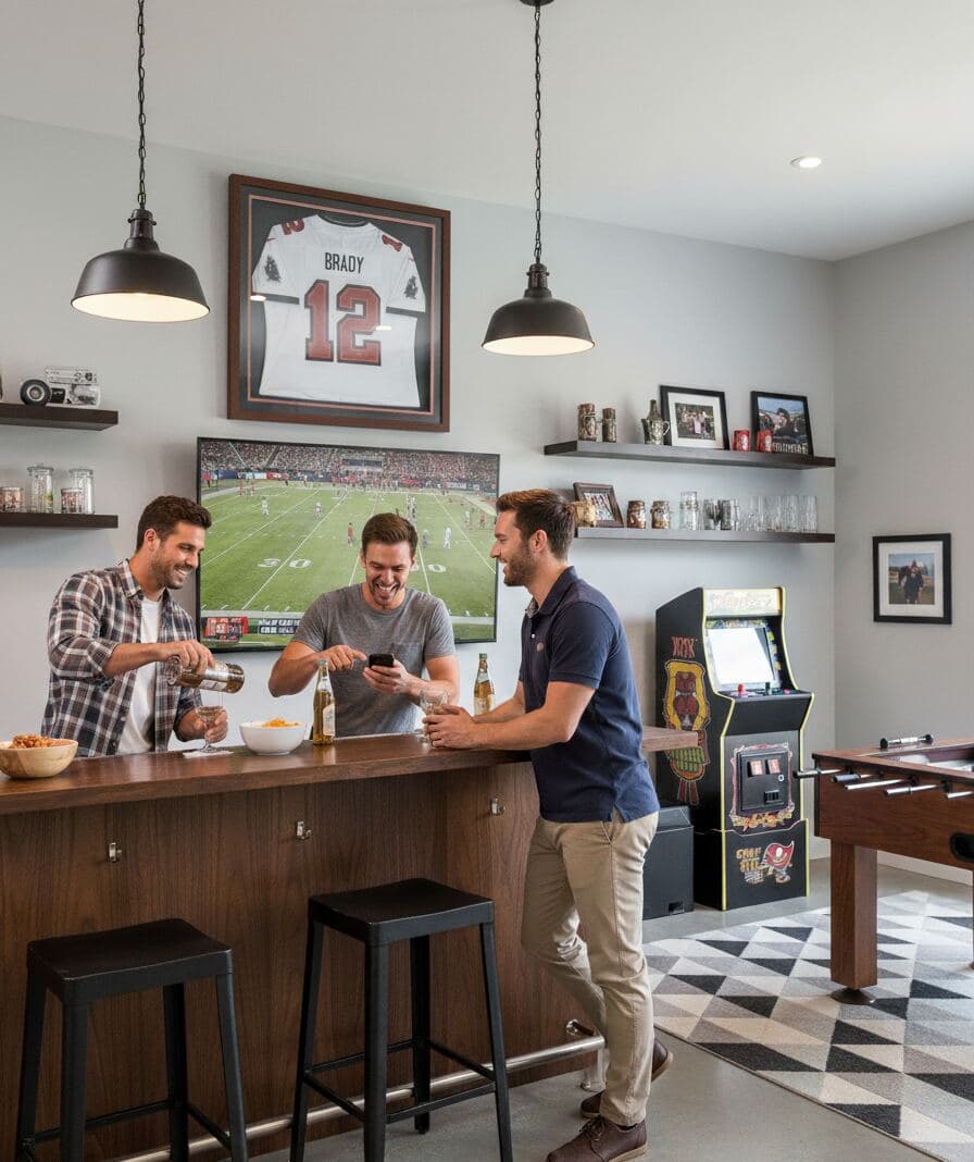 Patriots #12 BRADY jersey in walnut shadowbox frame in man cave with friends at bar watching game
