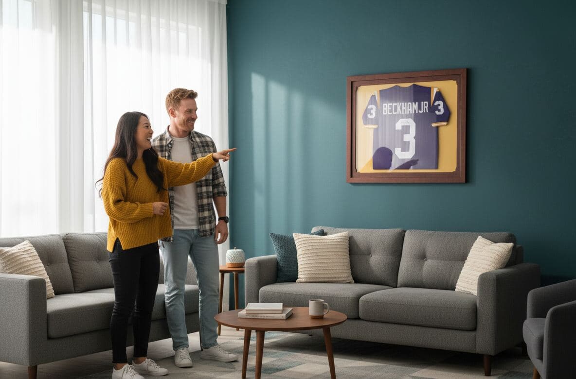 LSU #3 BECKHAM JR college jersey in walnut shadowbox frame on teal wall with couple admiring display
