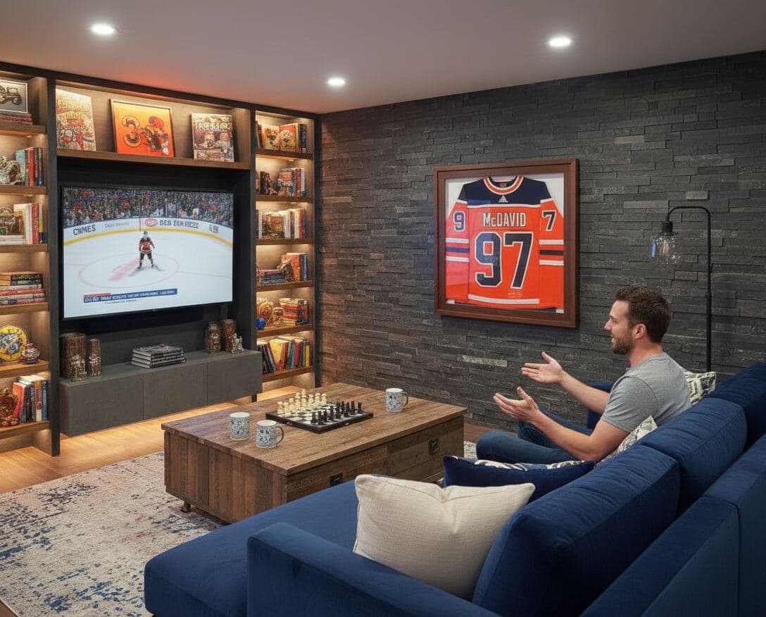 Oilers #97 McDavid jersey in walnut shadowbox frame in sports den with man watching hockey on TV