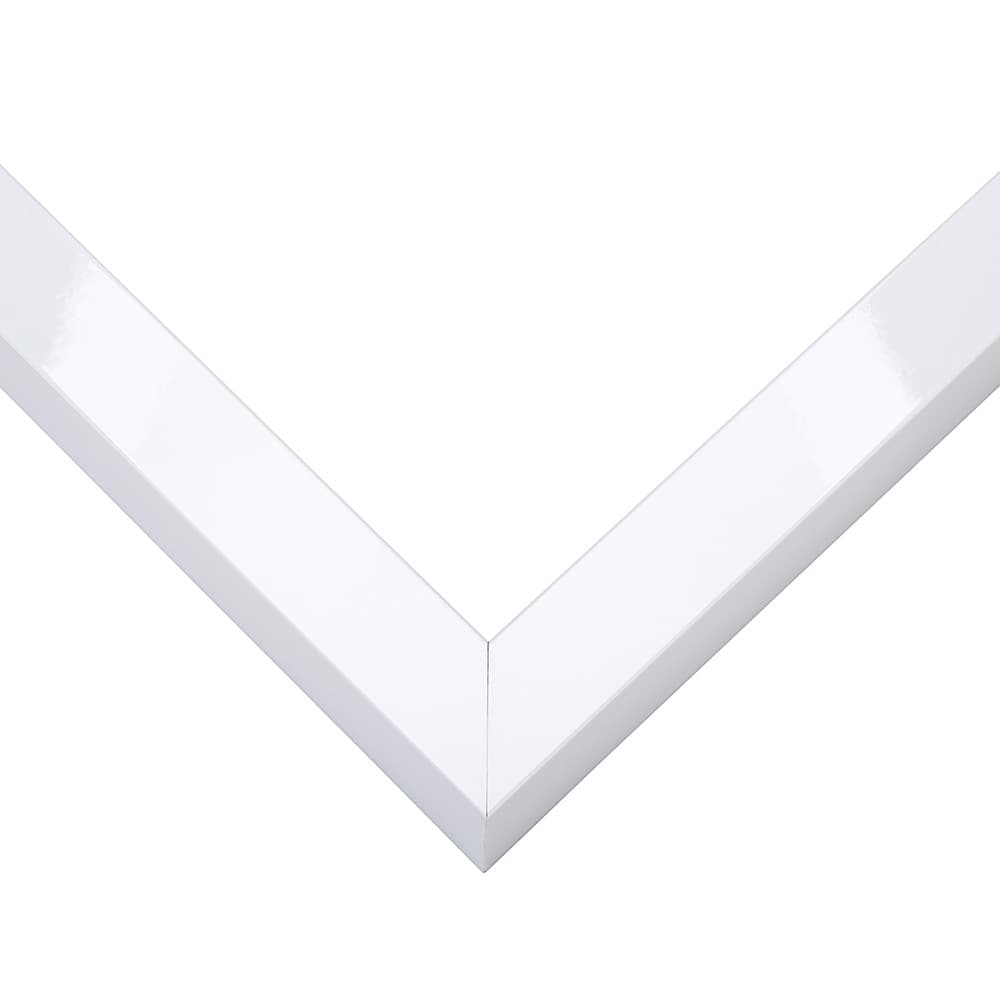Gloss White Shadow Box Frame corner detail showing precision mitered joint with brilliant white finish and 1 inch moulding width with 1.5 inch usable depth suited to elegant shadowbox displays