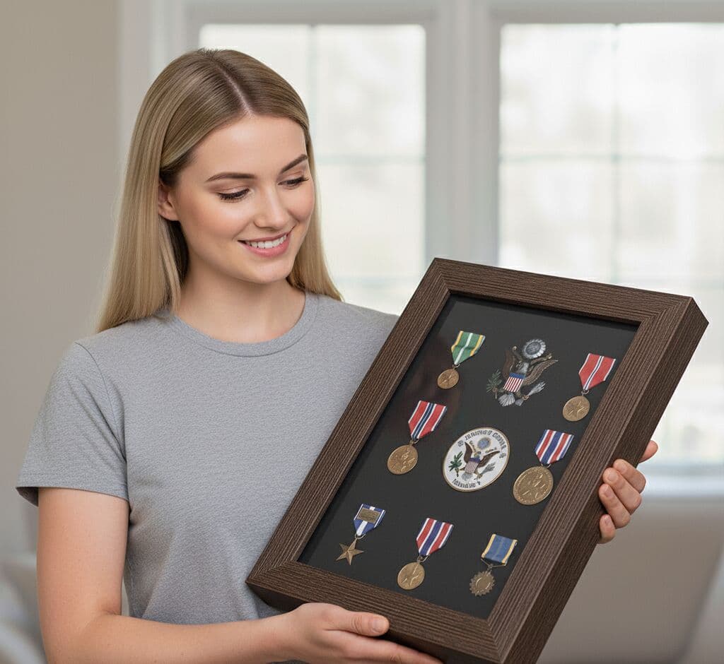 Charcoal Satin Deep Shadowbox frame displaying military medals and honors in elegant home setting. This 1 inch wide custom shadowbox frame with 1 inch usable depth provides premium protection for service medals, ribbons, military insignia, and commemorative pins. Woman proudly holds professionally framed military achievement display featuring U.S. military decorations arranged on dark backing. Custom shadowbox frames ideal for preserving veteran recognition, Purple Heart displays, and armed forces memorabilia with museum-quality presentation and protective depth for dimensional military collectibles.