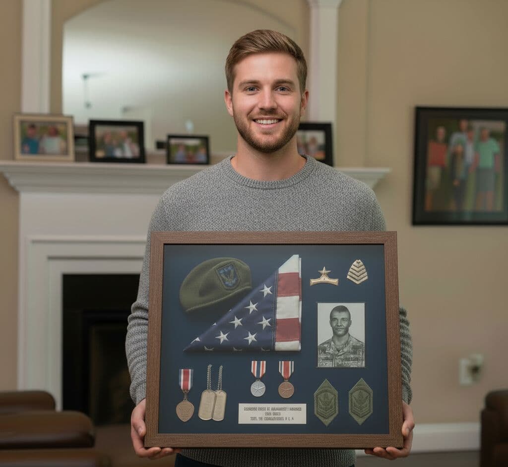 Charcoal Satin Deep Shadowbox frame showcasing military retirement memorial with folded American flag, service beret, vintage photo, medals, dog tags, and commemorative plaque. Man holds custom 1 inch wide shadowbox frame with 1 inch depth designed for comprehensive career tribute displays in modern home setting. This deep picture frame accommodates dimensional military items including headwear, rank insignia, service medals, and engraved plaques on navy blue backing. Custom shadowbox frames crafted for Air Force retirement gifts, military career tributes, and multi-branch service displays with professional shadow depth.