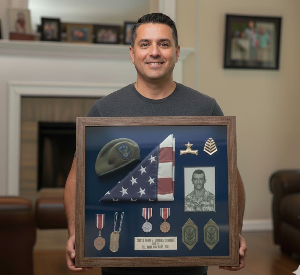 Charcoal Satin Deep Shadowbox frame preserving military service memorial with folded American flag, service photo, beret, medals, dog tags, and rank patches on navy backing. Man displays custom 1 inch wide picture frame with 1 inch depth in home living room featuring comprehensive military career tribute. This deep shadowbox frame accommodates dimensional military memorabilia including flags, headwear, insignia, and personal items with professional conservation presentation. Custom frames ideal for fallen soldier memorials, veteran tribute displays, military retirement gifts, and patriotic memorial shadowboxes with dignified preservation depth.