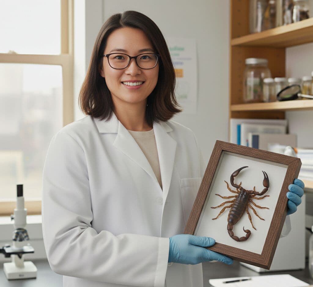 Charcoal Satin Deep Shadowbox frame showcasing preserved scorpion specimen in laboratory setting with scientist wearing protective gloves and white coat. This custom 1 inch wide picture frame with 1 inch shadowbox depth provides professional presentation for entomology collections, scientific specimens, and educational displays. Deep frame accommodates dimensional preserved insects and arthropods on white backing for classroom teaching aids and natural history collections. Custom shadowbox frames ideal for insect collections, taxidermy displays, scientific specimen preservation, and educational natural science exhibits with museum-quality protection standards.