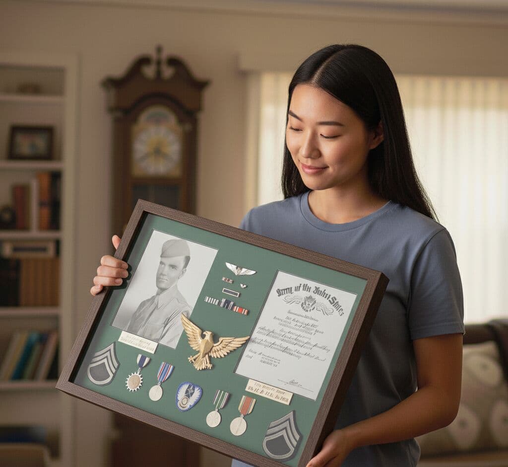Charcoal Satin Deep Shadowbox frame preserving comprehensive military tribute collection with vintage service photo, medals, certificate, and insignia on forest green mat. This custom 1 inch wide picture frame with 1 inch shadowbox depth accommodates layered military memorabilia including wings, rank patches, service ribbons, and discharge certificate. Woman admires professionally designed veteran memorial display in traditional home library setting. Deep shadowbox frames provide archival preservation for multi-generational military heritage, WWII veteran tributes, and family service history with professional conservation framing standards.