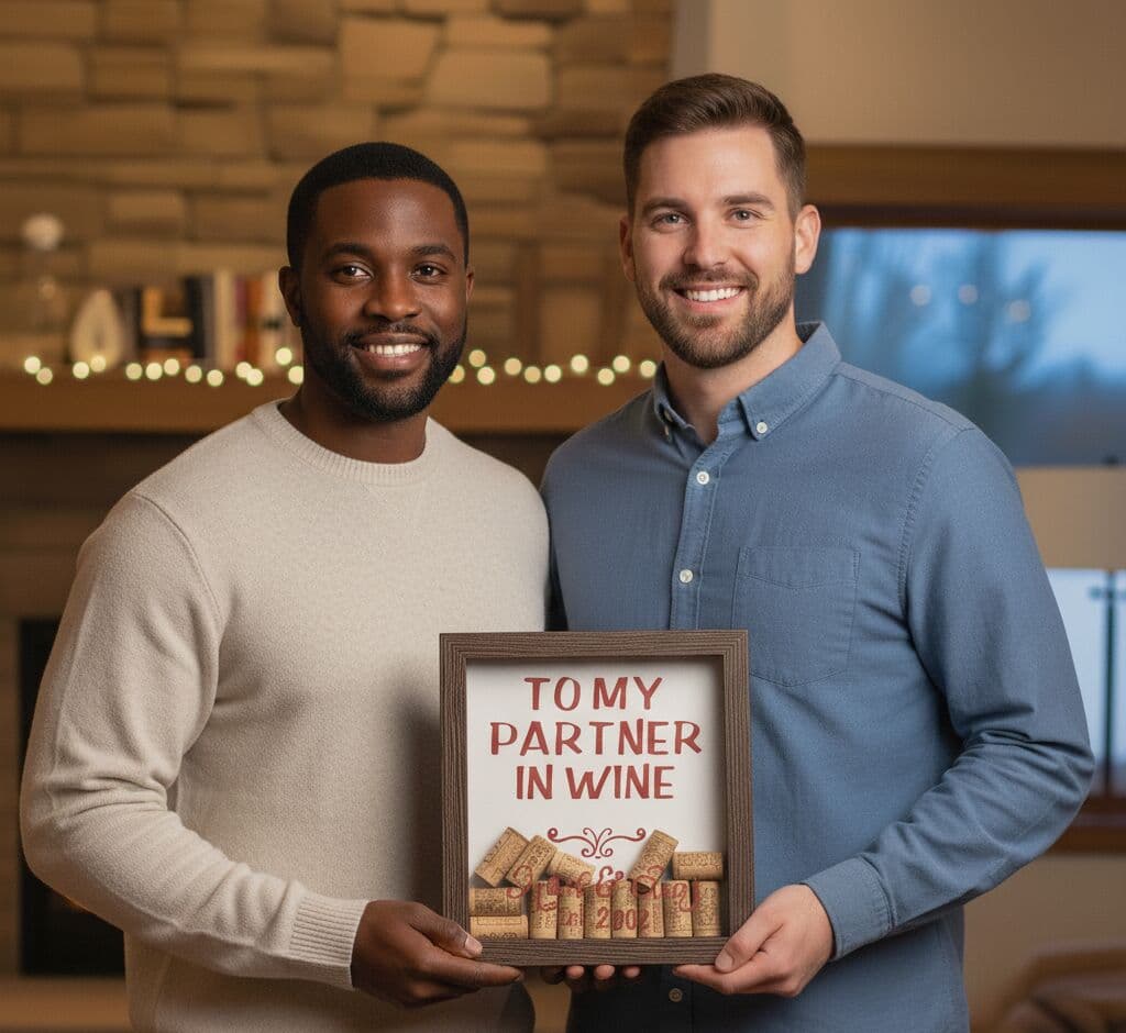 Charcoal Satin Deep Shadowbox frame displaying wine cork collection with TO MY PARTNER IN WINE text in elegant home dining setting. Two men hold custom 1 inch wide picture frame with 1 inch depth designed for wine enthusiast displays and relationship milestone tributes. This deep shadowbox accommodates dimensional wine corks from special occasions, anniversary celebrations, and couples' wine tasting memories on white backing. Custom frames ideal for wine lover gifts, anniversary shadow boxes, couples' memory displays, and bar decor featuring collected corks from memorable vintages and celebrations.