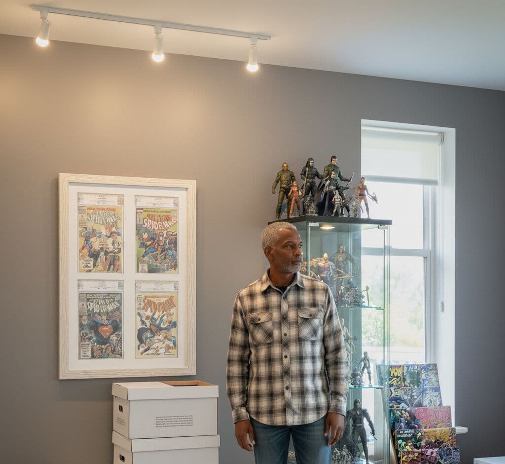 Deep Natural Maple Shadowbox Frame displaying four framed vintage Spider-Man comics with white matting in modern collector's room with display cabinet and action figures. Custom 1 inch moulding width picture frame with 1 inch depth protects comic book art and pop culture memorabilia. Deep maple shadowbox frames well suited for comic displays, superhero collections, pop culture rooms, and collectible preservation.