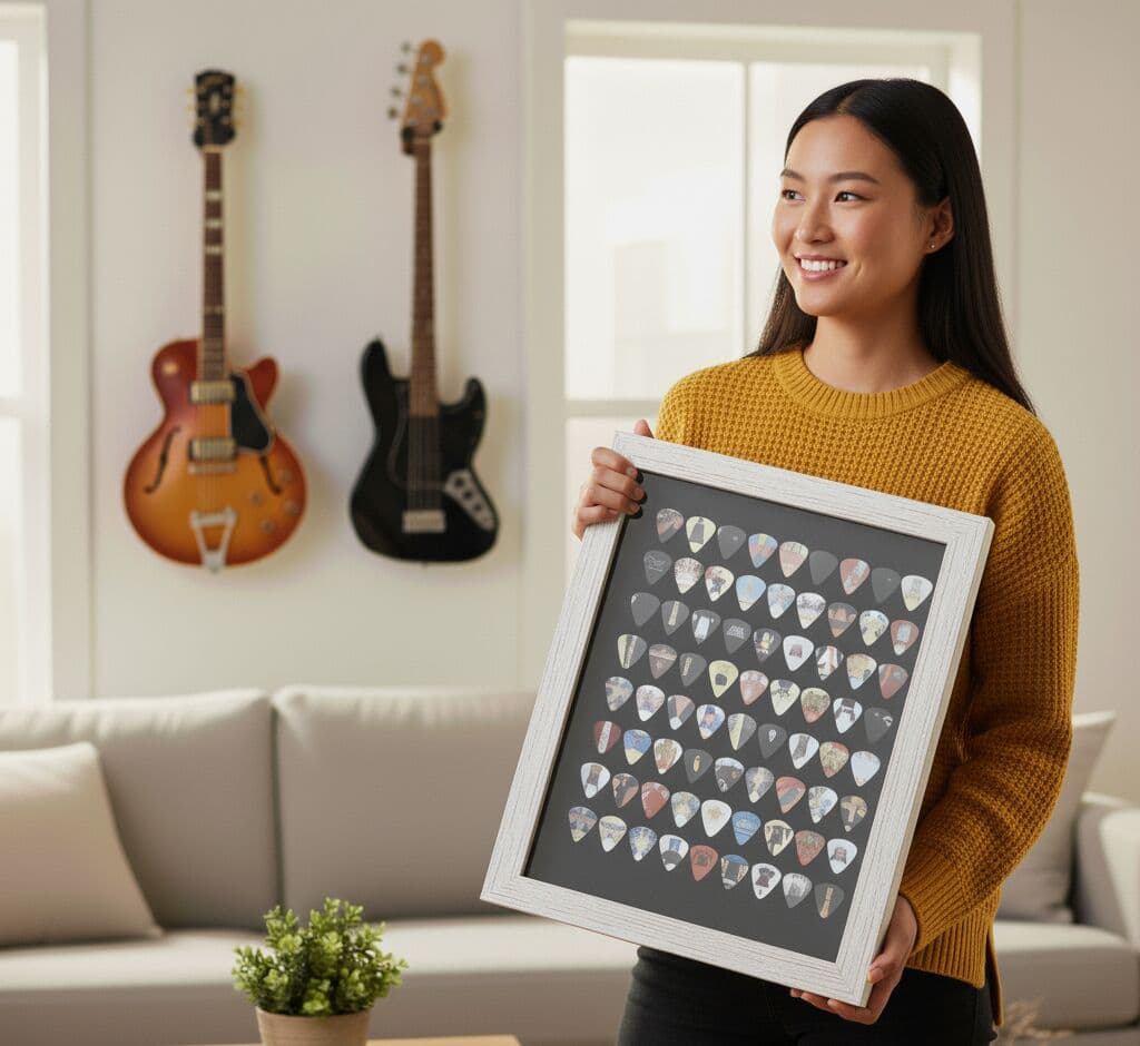 Deep Natural Maple Shadowbox Frame displaying organized guitar pick collection featuring vintage picks, concert memorabilia, and collectible plectrums arranged on dark backing. Custom 1 inch moulding width picture frame with 1 inch depth accommodates dimensional music collectibles and performance memorabilia. Deep maple shadowbox frames ideal for musician collections, concert memorabilia, music room décor, and guitarist gift displays.