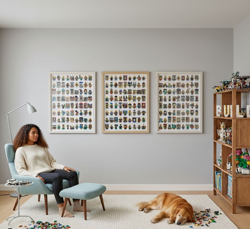 Deep Natural Maple Shadowbox Frames displaying organized LEGO minifigure collection gallery wall with three coordinated displays featuring diverse character collections on white backing. Custom 1 inch moulding width picture frames with 1 inch shadowbox depth accommodate dimensional minifigures and collectible toy displays. Deep maple shadowbox frames tailored for LEGO collections, action figure galleries, collectible toy walls, and pop culture memorabilia.