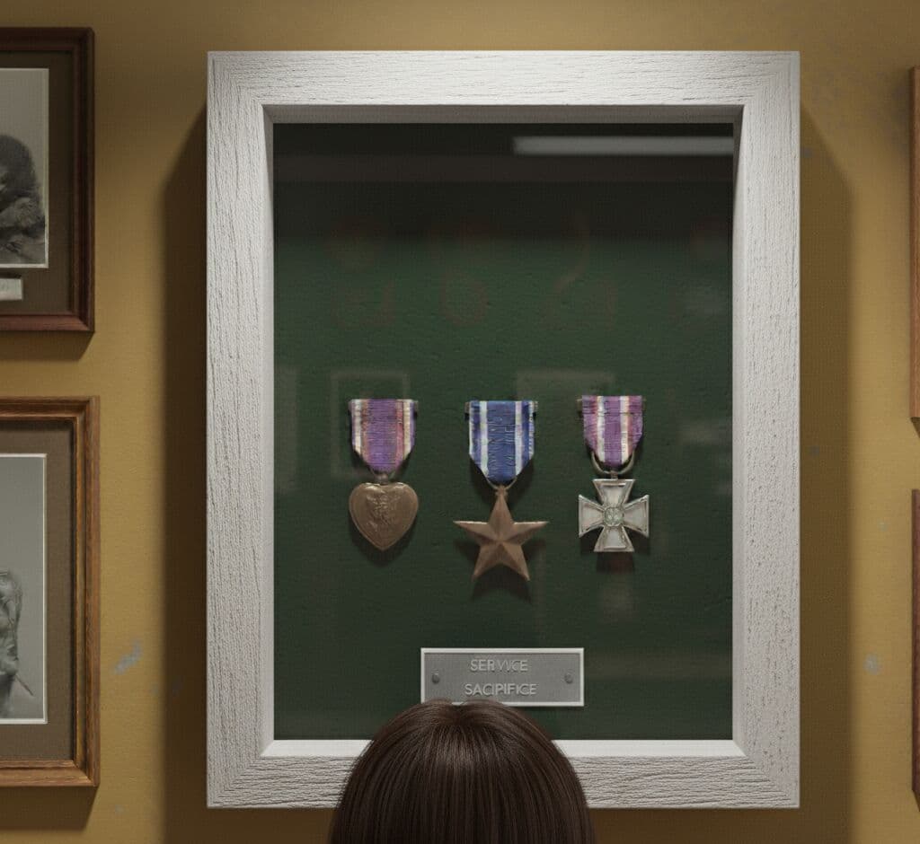 Deep Natural Maple Shadowbox Frame displaying three military service medals including Purple Heart, Silver Star, and Navy Cross with SERVICE SACRIFICE engraved plaque on rich green backing. Custom 1 inch moulding width picture frame with 1 inch depth provides dignified presentation for valor decorations. Deep maple shadowbox frames crafted for military medal displays, valor recognition, combat awards, and memorial tributes.