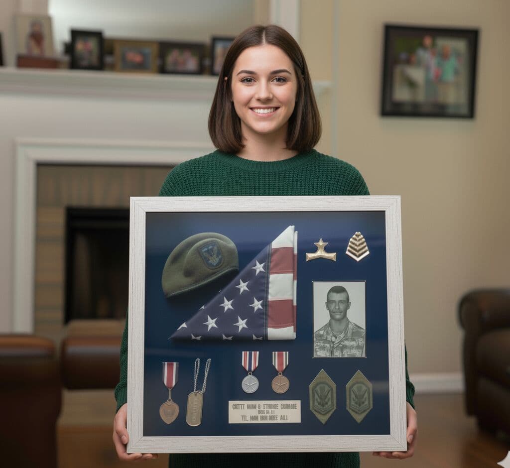 Custom shadow box frame holding 3D keepsakes with visible depth bay and custom frame shop quality materials