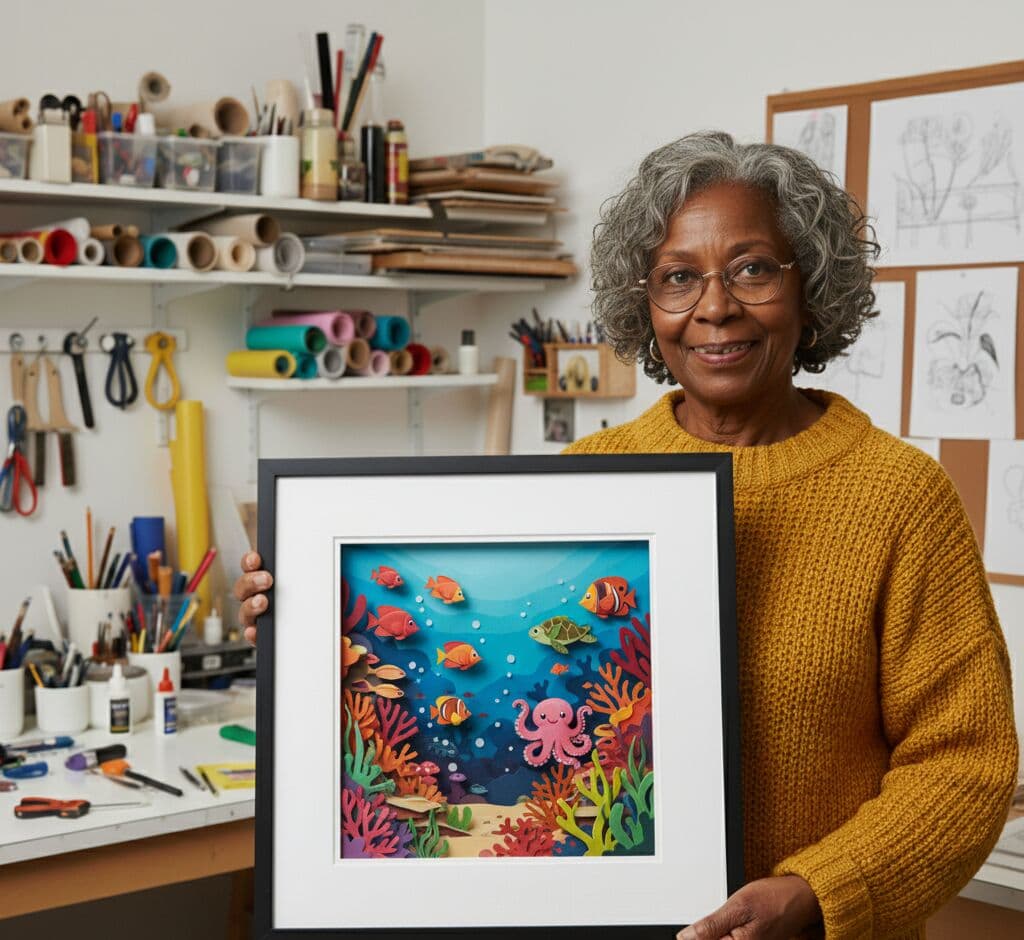 Deep Natural Maple Shadowbox Frame displaying 3D layered paper art vibrant ocean scene with tropical fish, sea turtle, coral reef, and underwater ecosystem. Custom 1 inch moulding width picture frame with 1 inch shadowbox depth provides necessary dimension for paper sculpture and multi-layer constructions. Deep maple shadowbox frames suited to paper cutting art, marine artwork, dimensional illustrations, and handmade paper crafts.