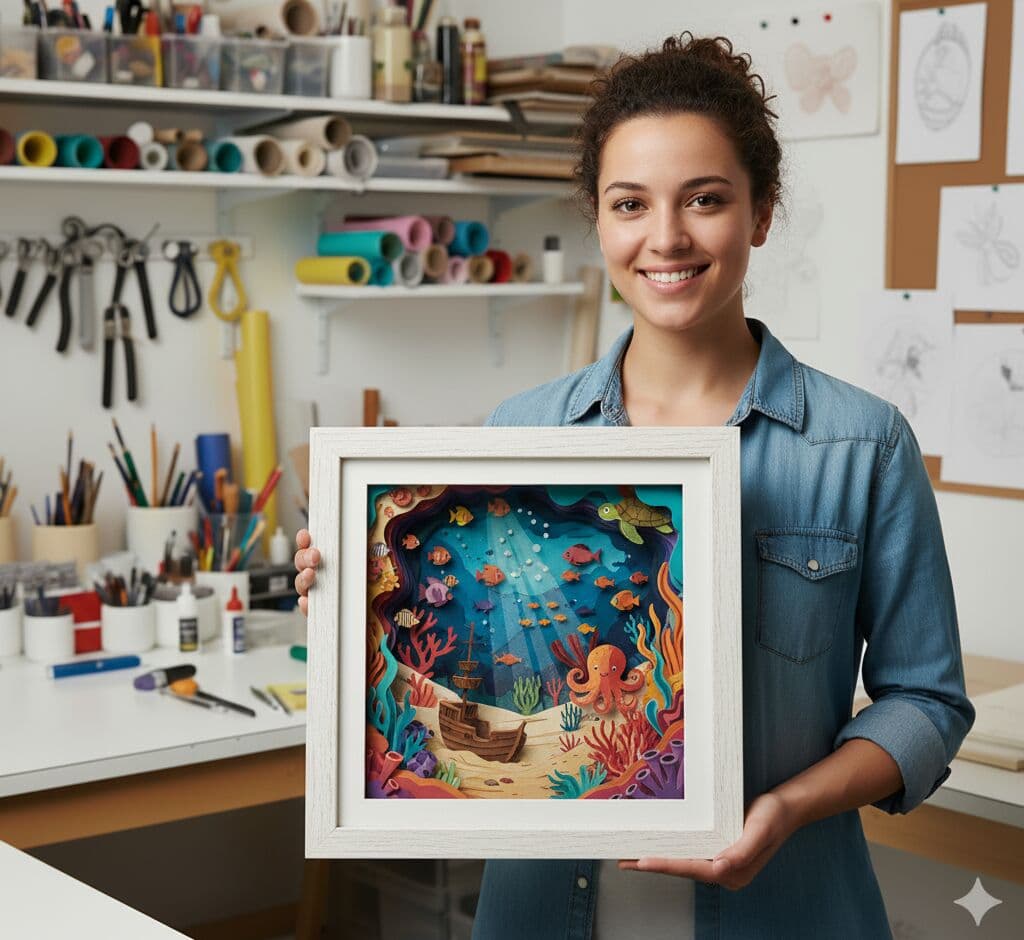 Deep Natural Maple Shadowbox Frame displaying 3D layered paper art underwater ecosystem with sea turtle, octopus, tropical fish, coral reef, and sunken ship wreckage. Custom 1 inch moulding width picture frame with 1 inch shadowbox depth accommodates intricate paper sculpture and dimensional marine artwork. Deep maple shadowbox frames ideal for paper cutting art, ocean scenes, handmade illustrations, and aquatic displays.