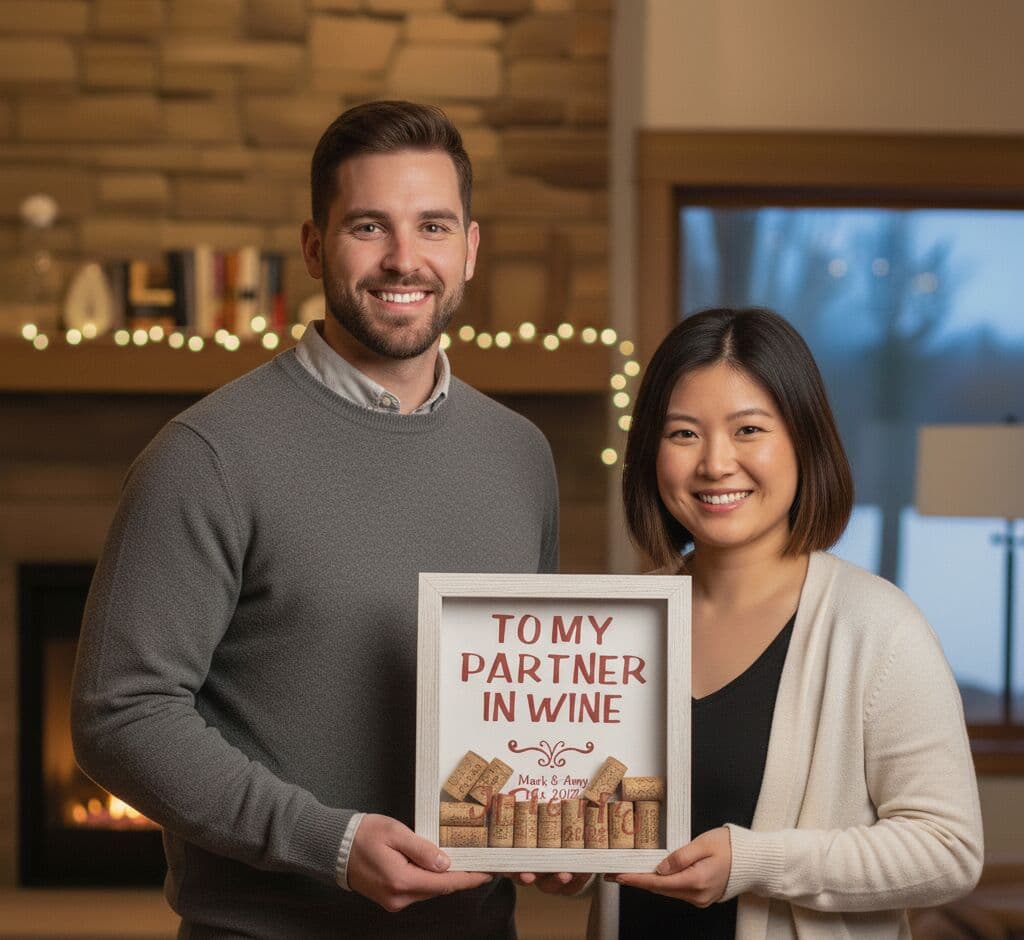 Deep Natural Maple Shadowbox Frame creating personalized wine cork display with TO MY PARTNER IN WINE custom text and collected corks from memorable occasions. Custom 1 inch moulding width picture frame with 1 inch depth accommodates dimensional cork collections and wine memorabilia. Deep maple shadowbox frames great for wine lover gifts, anniversary presents, wedding décor, and personalized romantic displays.