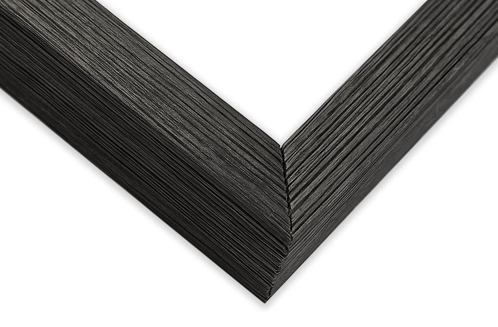 Barn Black Shadow Box Frame corner detail showing precision mitered joint with ribbed barn wood texture and 1 inch moulding width with 1 inch usable depth designed for industrial modern shadowbox displays