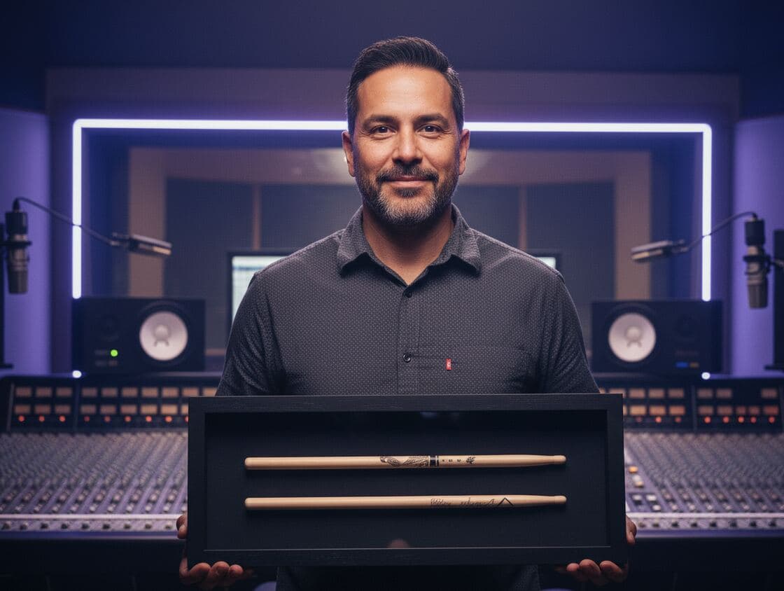 Music producer in recording studio holding black barn wood shadowbox frame displaying signed drumsticks from famous musicians demonstrating custom shadow box for music industry memorabilia, percussion collectibles display, and dimensional entertainment keepsake framing with textured black wood