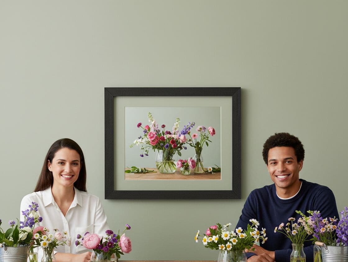 Couple at farmhouse table with black textured shadowbox frame holding matted floral photograph on sage green wall demonstrating custom picture frame for botanical art display, nature photography framing, and home decor shadow box with barn black wood and professional matting