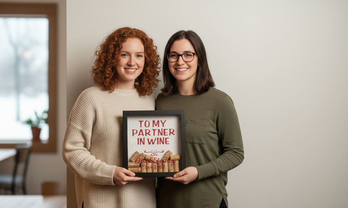 Two women friends holding barn black shadowbox frame displaying To My Partner in Wine cork collection with humorous saying demonstrating wine enthusiast shadow box for cork preservation, friendship gift display, and dimensional keepsake framing with grooved wood picture frame