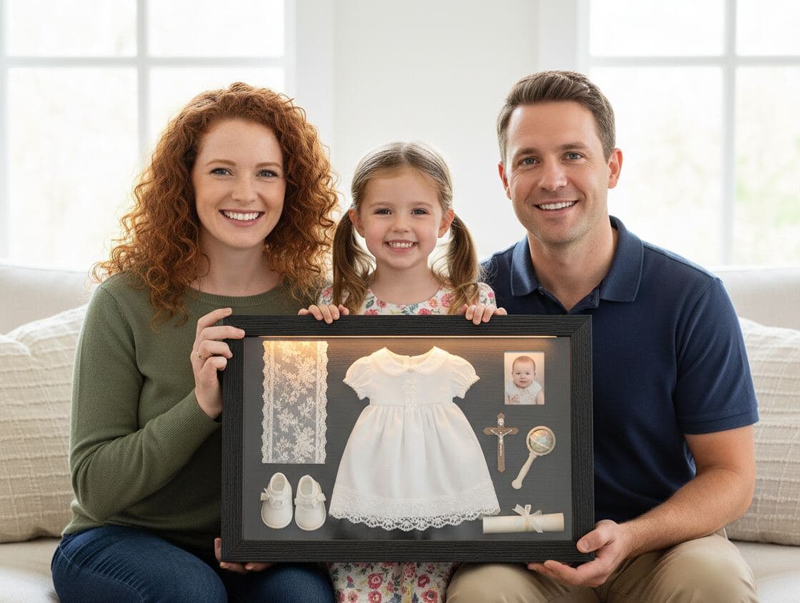 Young family displaying black textured shadowbox frame preserving baptism gown, infant shoes, christening cross, lace veil, and baby photo demonstrating religious keepsake shadow box for christening memorabilia, sacrament memory display, and dimensional family heirloom framing with barn wood picture frame