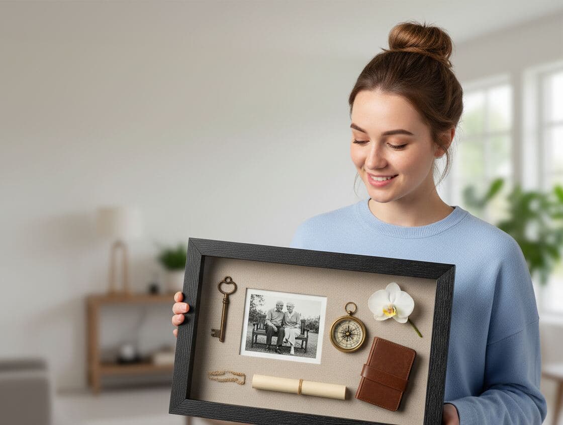 Woman holding black ribbed shadowbox picture frame showcasing vintage travel memories with antique skeleton key, compass, leather journal, fountain pen, orchid, and historical photograph demonstrating heritage shadow box for nostalgic keepsakes, memory lane display, and dimensional vintage framing with textured barn black wood
