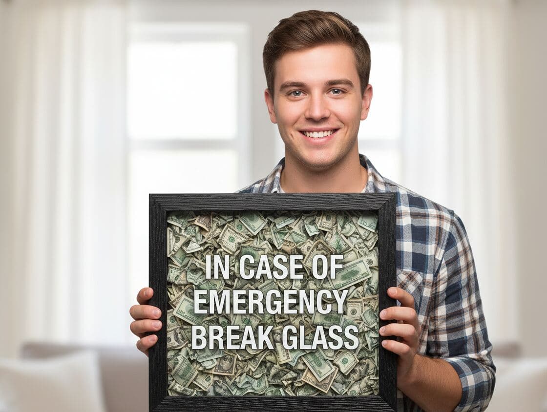 Man holding barn black shadowbox frame displaying In Case of Emergency Break Glass novelty money gift with dollar bills and humorous text demonstrating creative shadow box for funny gift display, conversation piece framing, and dimensional gag gift presentation with grooved wood picture frame