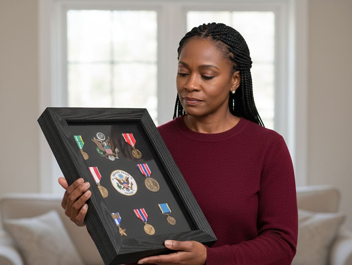 Woman holding black textured shadowbox picture frame preserving military service medals, rank insignia, and American eagle emblem demonstrating veteran honor shadow box for armed forces memorabilia, military achievement display, and dimensional patriotic framing with barn wood style frame