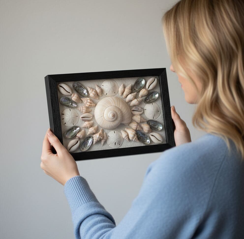 Woman admiring black grooved shadowbox frame showcasing beach collection with nautilus shell, sand dollars, coral, and coastal treasures demonstrating natural history shadow box for seashell display, ocean memorabilia framing, and dimensional marine specimen preservation with rustic black wood picture frame