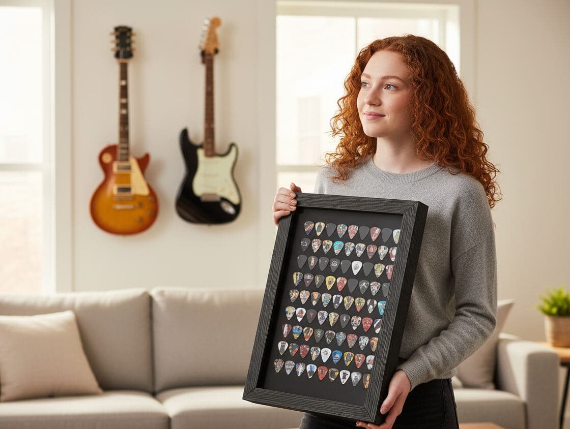 Woman musician holding barn black shadowbox picture frame displaying guitar pick collection with vintage picks and concert memorabilia on cream sofa with guitars on wall demonstrating music hobby shadow box for guitarist collectibles, rock memorabilia display, and dimensional music keepsake framing with textured black wood