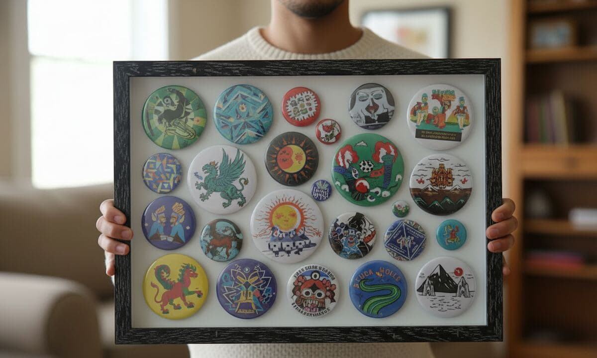 Man holding black ribbed shadowbox frame showcasing collectible enamel pin and patch collection with vintage badges and pop culture memorabilia demonstrating hobby shadow box for pin trader display, fandom collectibles framing, and dimensional nostalgia showcase with barn black wood picture frame