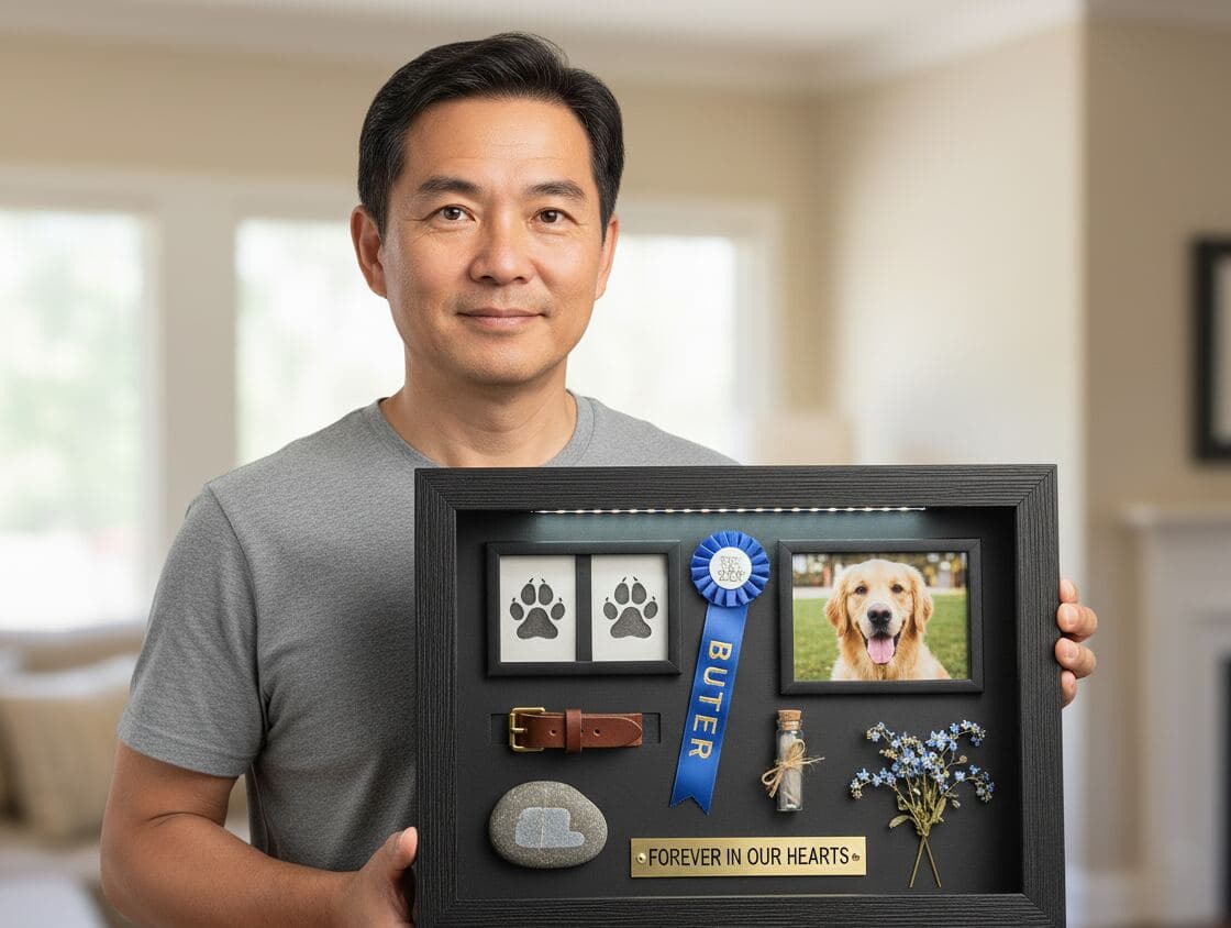 Man holding black textured shadowbox picture frame preserving pet memorial with golden retriever photo, paw print art, blue ribbon award, collar, memorial stone, and Forever In Our Hearts brass plaque demonstrating pet tribute shadow box for dog remembrance display, animal keepsake framing, and dimensional memorial preservation with grooved barn wood frame