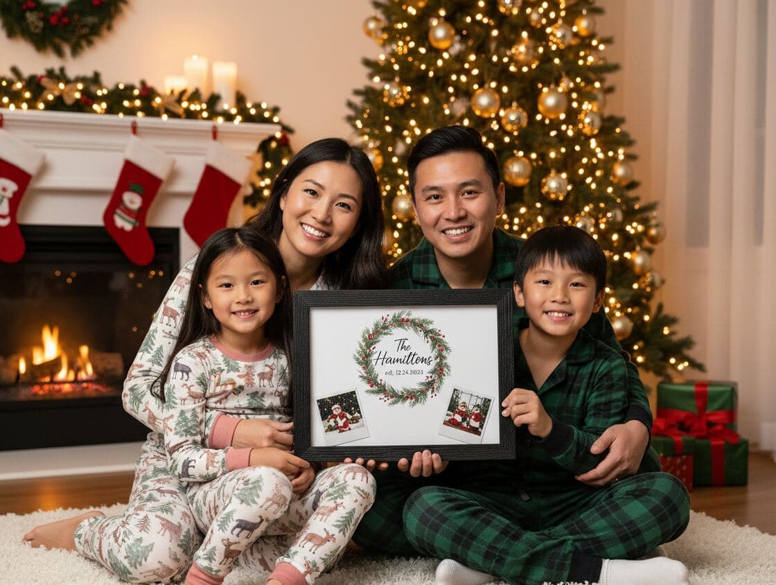 Asian family in Christmas pajamas holding barn black shadowbox frame with personalized Hamilton family name wreath and holiday photos in festive living room with decorated tree and fireplace demonstrating custom family shadow box for seasonal memory display, holiday keepsake framing, and dimensional home decor with textured black wood picture frame