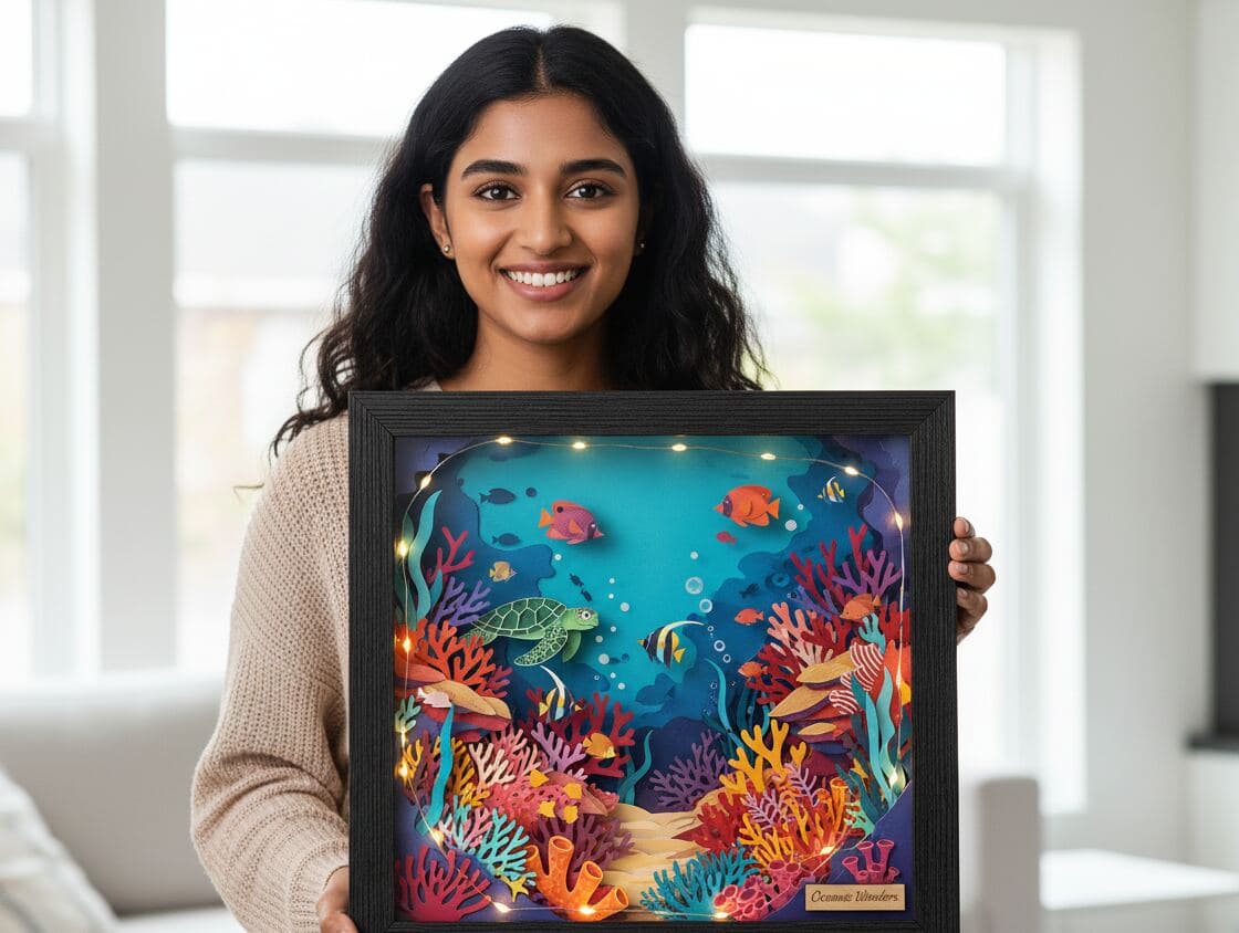 Woman holding black grooved shadowbox picture frame with LED lights displaying colorful Ocean Wonders underwater art with tropical fish, sea turtle, and coral reef demonstrating illuminated shadow box for paper cut art display, dimensional wall decor, and custom artwork framing with barn black wood and lighting feature