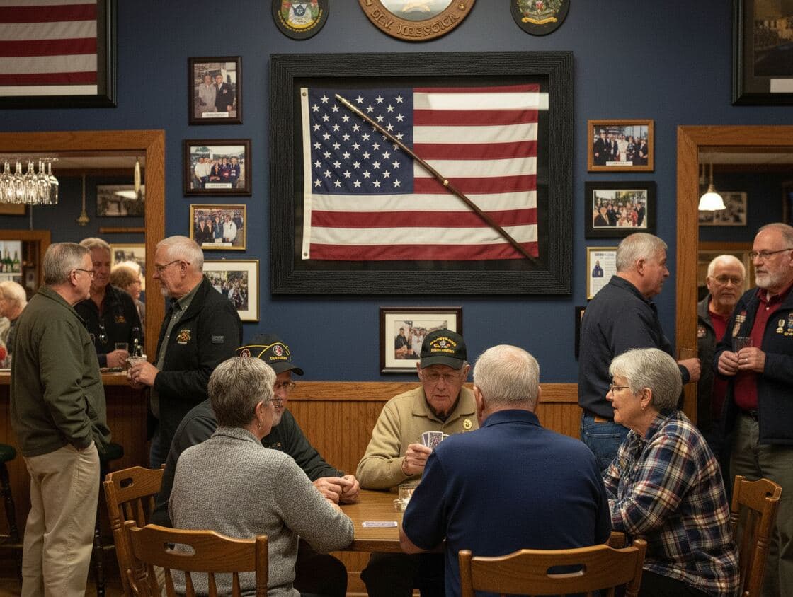 Veterans gathering in VFW post with large barn black shadowbox frame displaying folded American flag with honor guard sword on navy blue wall surrounded by military photos demonstrating ceremonial flag shadow box for military service display, patriotic memorial framing, and dimensional veteran tribute with textured black wood picture frame