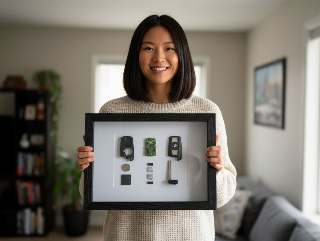 Woman holding black ribbed shadowbox picture frame showcasing technology memorabilia with vintage car key fobs, circuit board, USB flash drives, and electronic components demonstrating tech collectible shadow box for gadget display, computer history framing, and dimensional hobby keepsake preservation with barn wood style frame