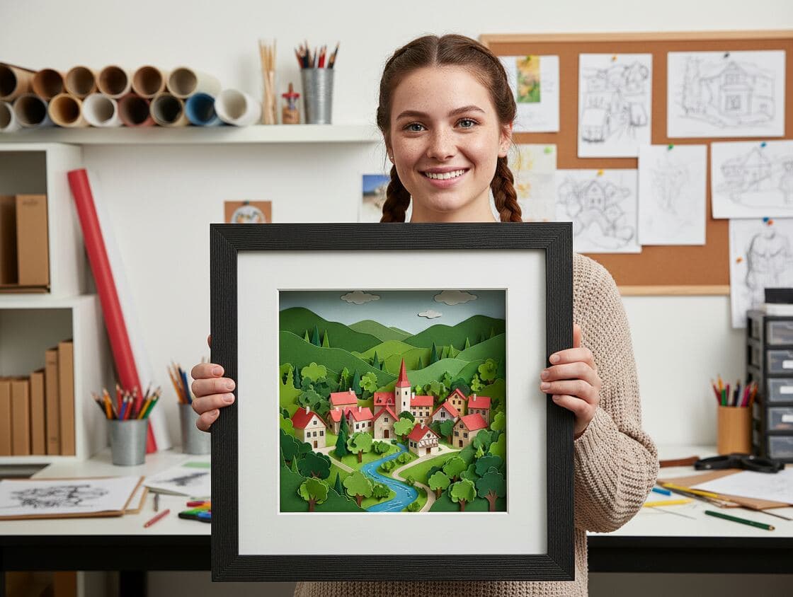 Young woman artist with braided hair in creative studio holding black textured shadowbox picture frame displaying paper cut landscape art with European village, rolling green hills, winding river, and layered dimensional scenery demonstrating custom shadow box for paper art display, handmade craft framing, and dimensional artwork preservation with barn black wood picture frame