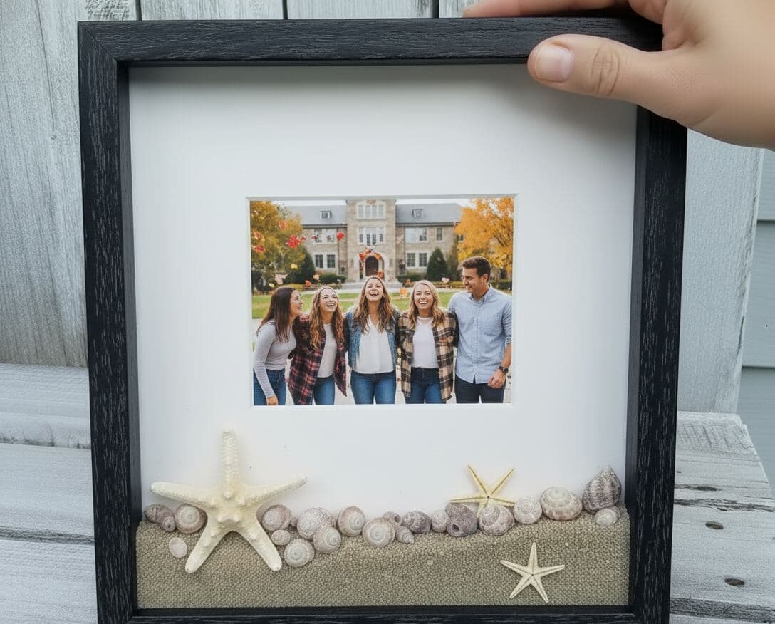 Hand holding black grooved shadowbox picture frame with college friends group photo matted above decorative sand layer with starfish and seashells on weathered blue siding demonstrating custom memory shadow box for friendship keepsake display, beach vacation framing, and dimensional photo preservation with rustic barn wood frame