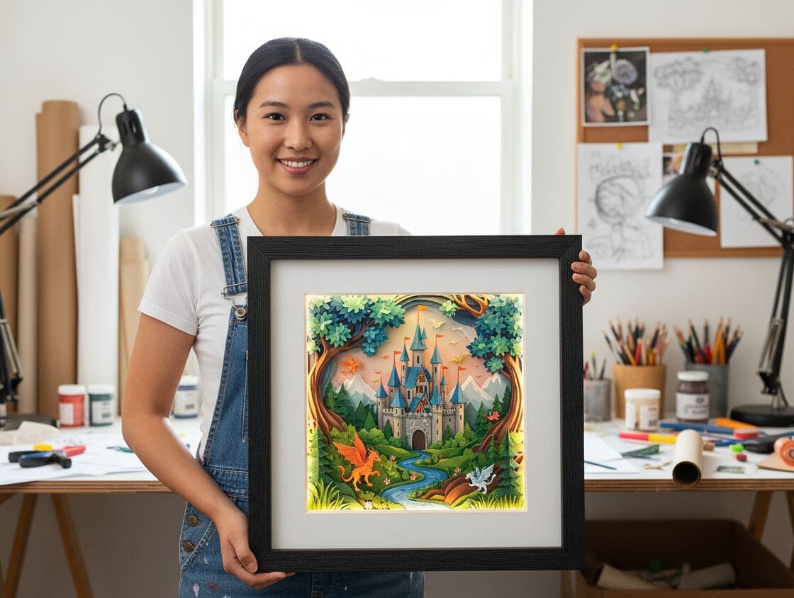 Asian woman artist in creative studio with desk lamps and sketches holding black grooved shadowbox picture frame displaying fantasy paper cut art with enchanted castle, arched tree branches, dragons, mountains, river, and magical creatures demonstrating custom shadow box for dimensional paper art display, handmade craft framing, and artistic keepsake preservation with barn black wood picture frame