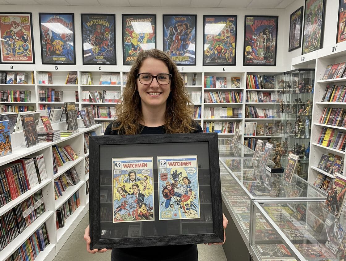 Woman in comic book retail store surrounded by collector shelves holding black barn wood shadowbox picture frame displaying two graded Watchmen comic books with CGC certification 9.9 and 9.3 slabs demonstrating comic book shadow box for valuable collectible display, graded comics framing, and dimensional pop culture memorabilia preservation with grooved wood picture frame