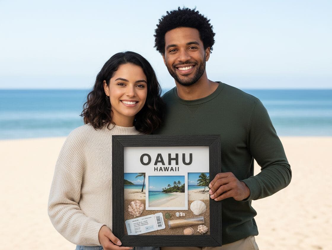 Smiling couple on sandy beach with ocean background holding black ribbed shadowbox picture frame displaying Oahu Hawaii travel memories with destination photos, boarding pass, seashells, and beach sand demonstrating vacation memory shadow box for tropical travel display, island souvenir framing, and dimensional keepsake preservation with textured barn black wood picture frame