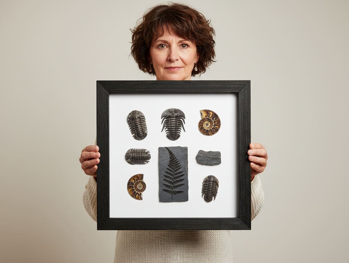Woman in cream sweater holding large black textured shadowbox picture frame displaying paleontology fossil collection with trilobite specimens, ammonite shells, and fern impression arranged on white background demonstrating museum-quality shadow box for natural history display, fossil specimen framing, and dimensional scientific collectible preservation with grooved barn wood style picture frame