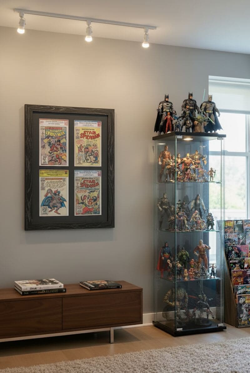 Modern man cave collector room with vintage comic book shadowbox displaying four classic Amazing Spider-Man and Star-Spangled War Stories issues on wall above mid-century credenza with action figure display case and Batman collectibles demonstrating custom shadow box for vintage comic display, superhero memorabilia framing, and dimensional pop culture wall decor with black grooved wood picture frame