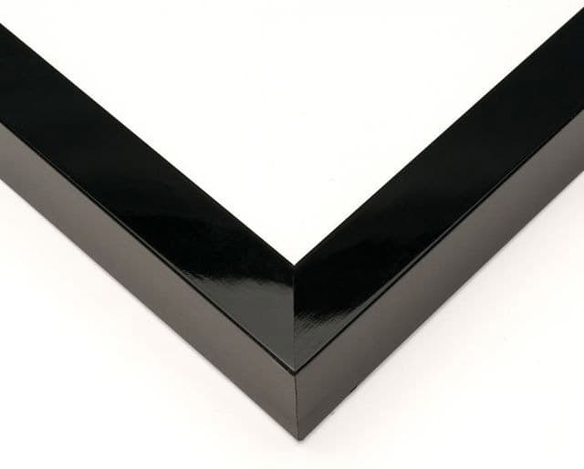 Glossy Black Shadow Box Frame corner detail showing precision mitered joint with mirror-like glossy finish 1 inch moulding width and 1.5 inch usable depth built for luxury contemporary shadowbox displays
